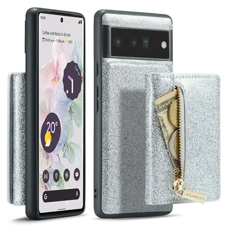 DG.MING M3 Series For Google Pixel 6 Pro 5G Glitter Bling PU Leather Detachable Cover PC+TPU Kickstand Zipper Pocket Wallet Phone Case - Silver