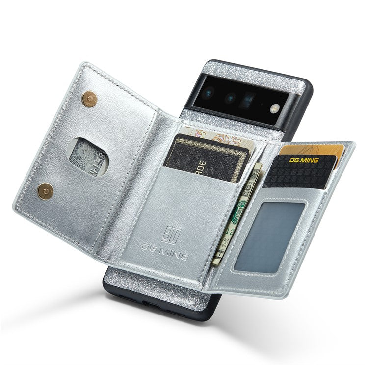 DG.MING M3 Series For Google Pixel 6 Pro 5G Glitter Bling PU Leather Detachable Cover PC+TPU Kickstand Zipper Pocket Wallet Phone Case - Silver
