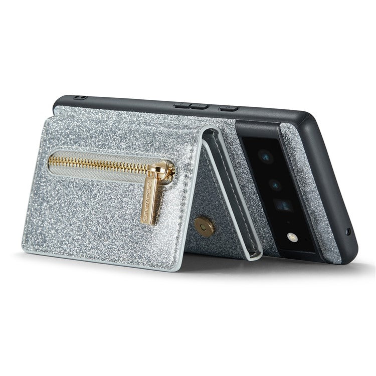 DG.MING M3 Series For Google Pixel 6 Pro 5G Glitter Bling PU Leather Detachable Cover PC+TPU Kickstand Zipper Pocket Wallet Phone Case - Silver