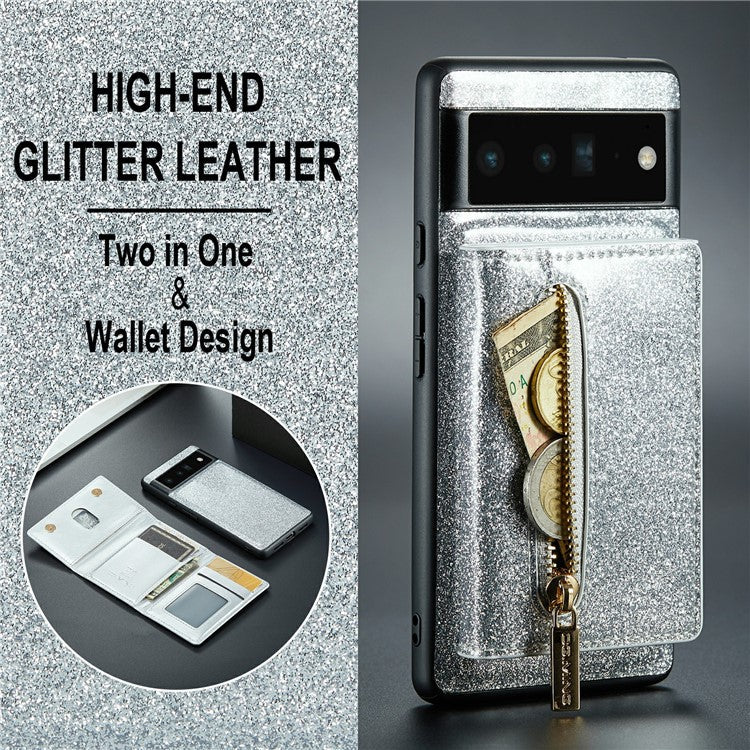 DG.MING M3 Series For Google Pixel 6 Pro 5G Glitter Bling PU Leather Detachable Cover PC+TPU Kickstand Zipper Pocket Wallet Phone Case - Silver