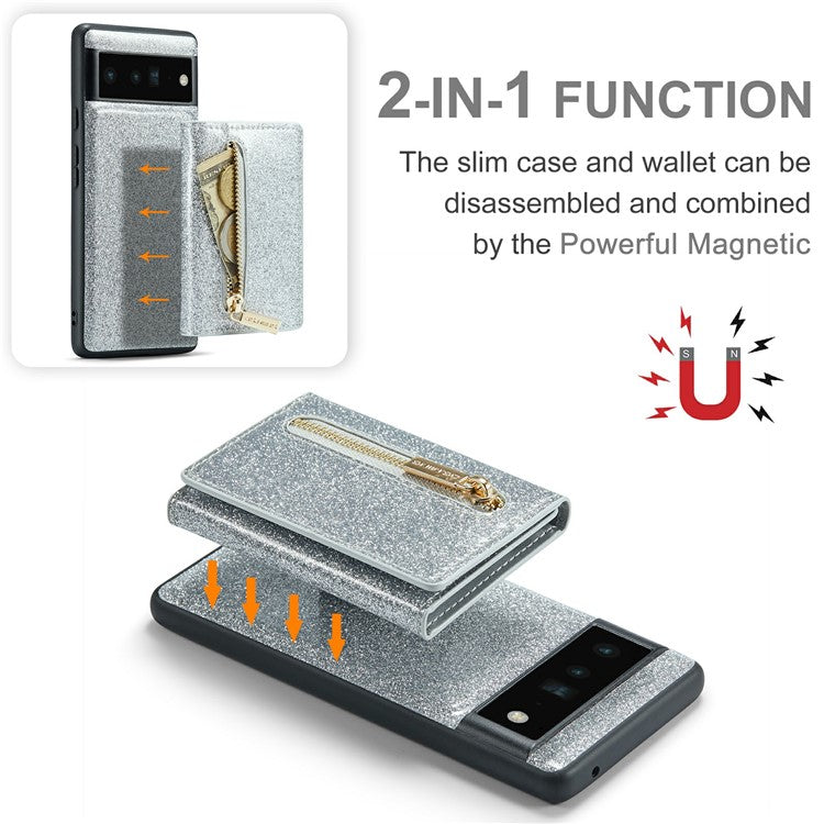 DG.MING M3 Series For Google Pixel 6 Pro 5G Glitter Bling PU Leather Detachable Cover PC+TPU Kickstand Zipper Pocket Wallet Phone Case - Silver