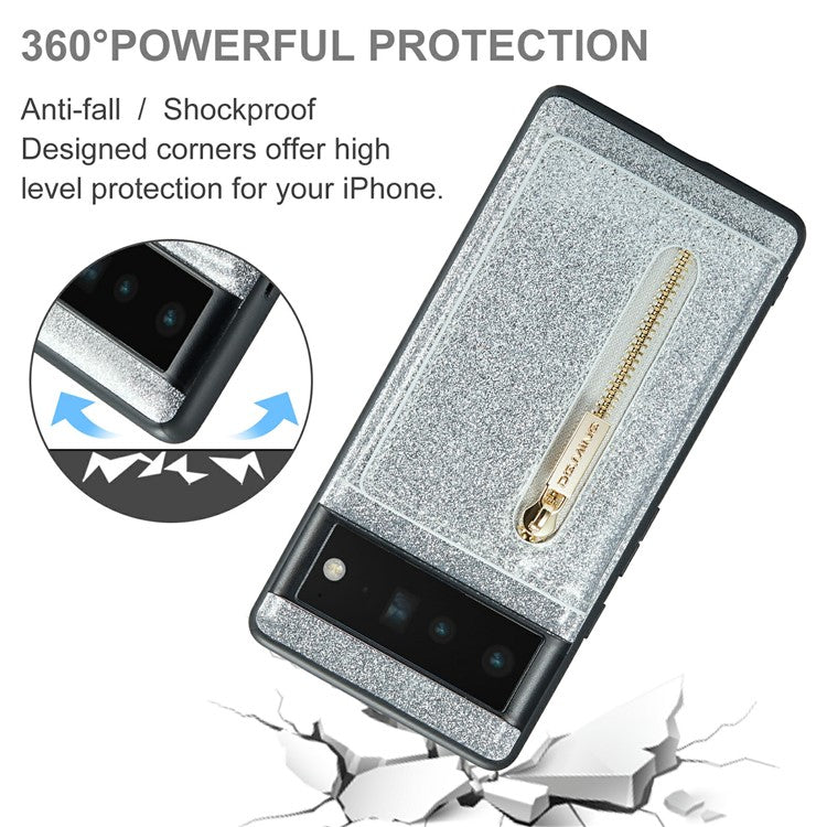 DG.MING M3 Series For Google Pixel 6 Pro 5G Glitter Bling PU Leather Detachable Cover PC+TPU Kickstand Zipper Pocket Wallet Phone Case - Silver