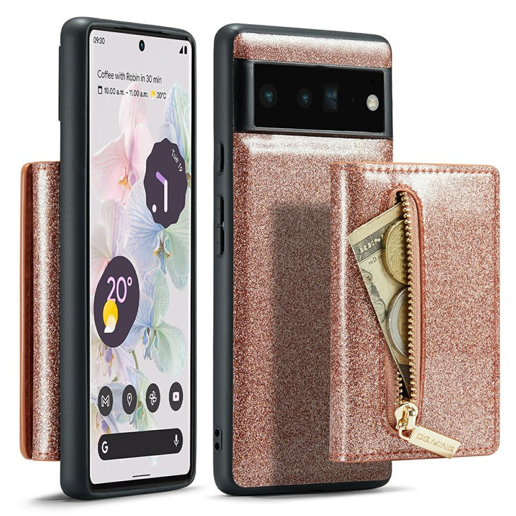 DG.MING M3 Series For Google Pixel 6 Pro 5G Glitter Bling PU Leather Detachable Cover PC+TPU Kickstand Zipper Pocket Wallet Phone Case - Rose Gold