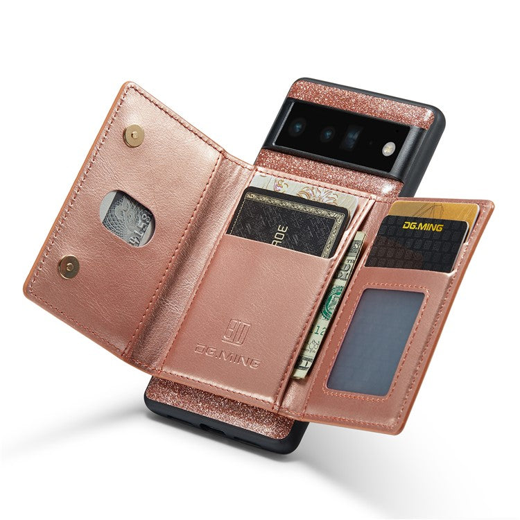 DG.MING M3 Series For Google Pixel 6 Pro 5G Glitter Bling PU Leather Detachable Cover PC+TPU Kickstand Zipper Pocket Wallet Phone Case - Rose Gold