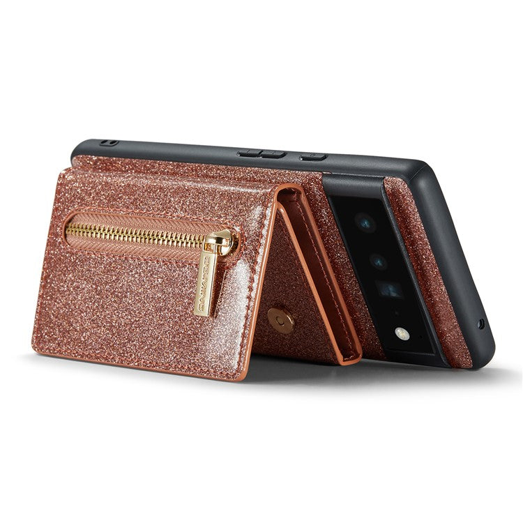 DG.MING M3 Series For Google Pixel 6 Pro 5G Glitter Bling PU Leather Detachable Cover PC+TPU Kickstand Zipper Pocket Wallet Phone Case - Rose Gold