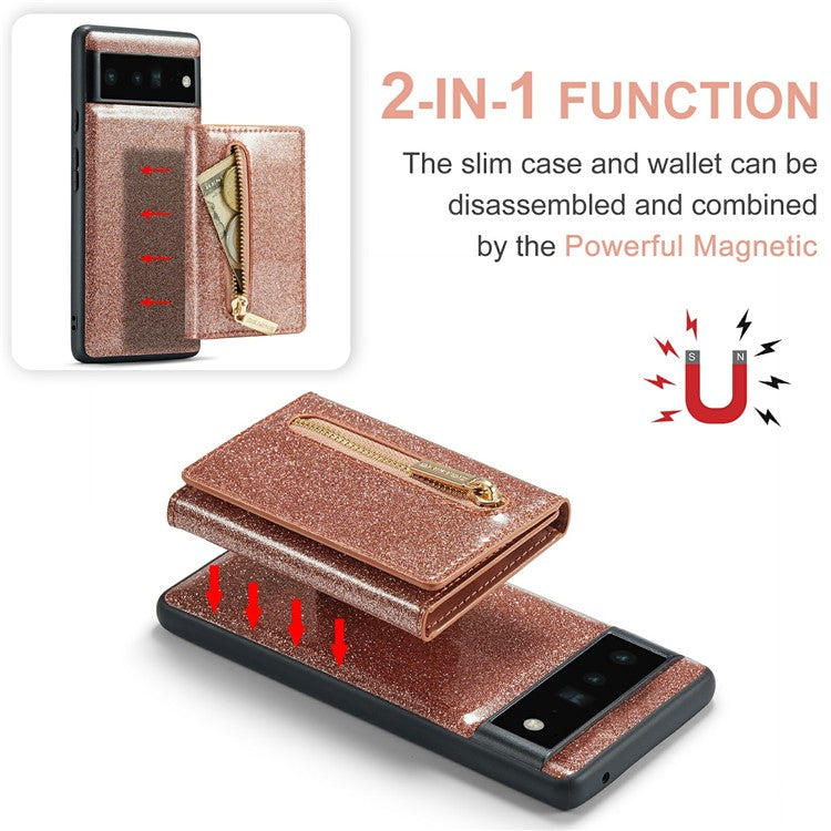 DG.MING M3 Series For Google Pixel 6 Pro 5G Glitter Bling PU Leather Detachable Cover PC+TPU Kickstand Zipper Pocket Wallet Phone Case - Rose Gold