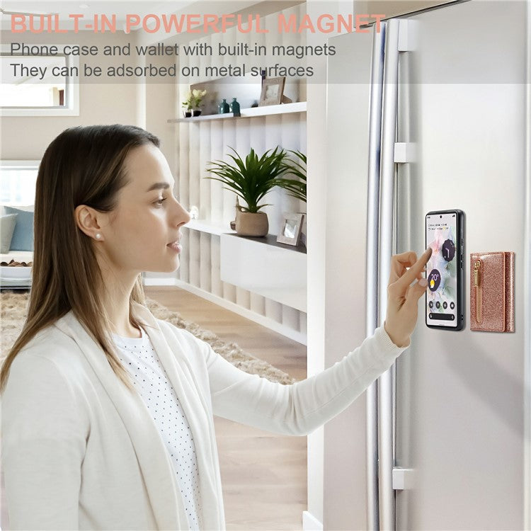 DG.MING M3 Series For Google Pixel 6 Pro 5G Glitter Bling PU Leather Detachable Cover PC+TPU Kickstand Zipper Pocket Wallet Phone Case - Rose Gold