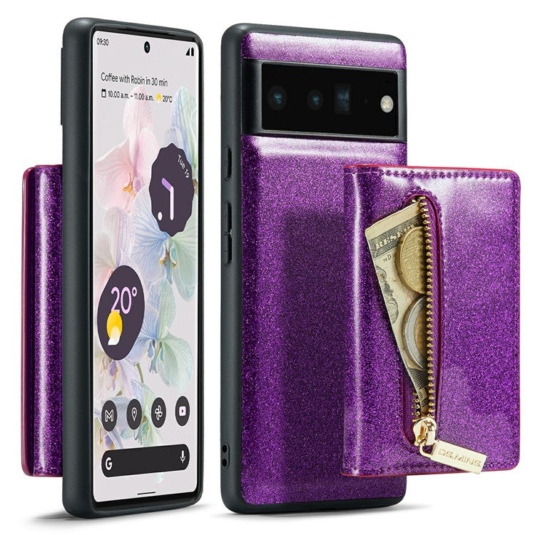 DG.MING M3 Series For Google Pixel 6 Pro 5G Glitter Bling PU Leather Detachable Cover PC+TPU Kickstand Zipper Pocket Wallet Phone Case - Dark Purple