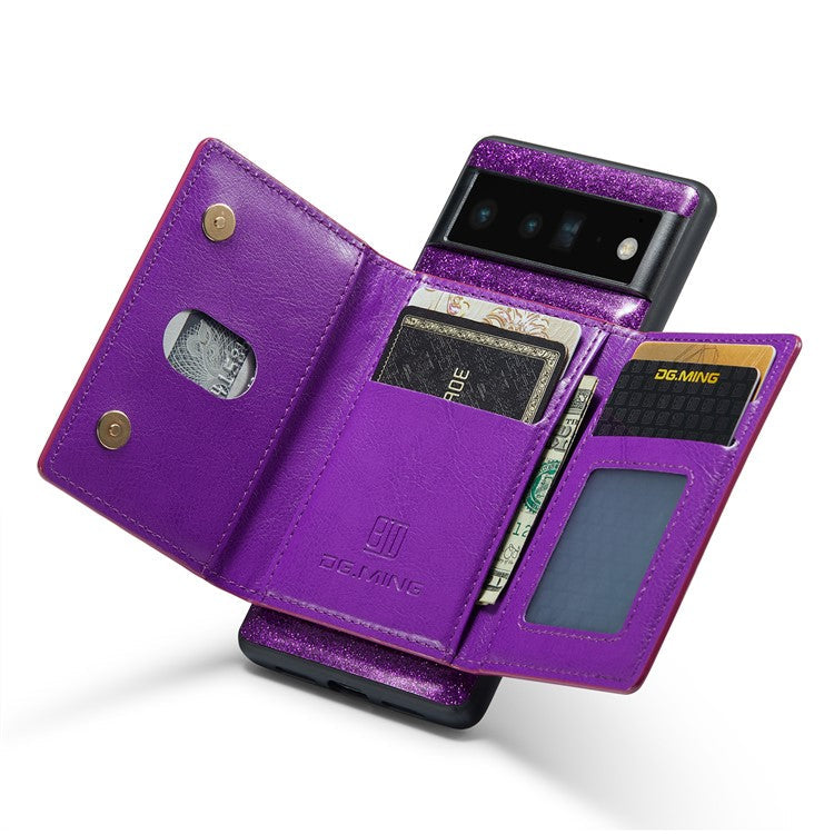 DG.MING M3 Series For Google Pixel 6 Pro 5G Glitter Bling PU Leather Detachable Cover PC+TPU Kickstand Zipper Pocket Wallet Phone Case - Dark Purple