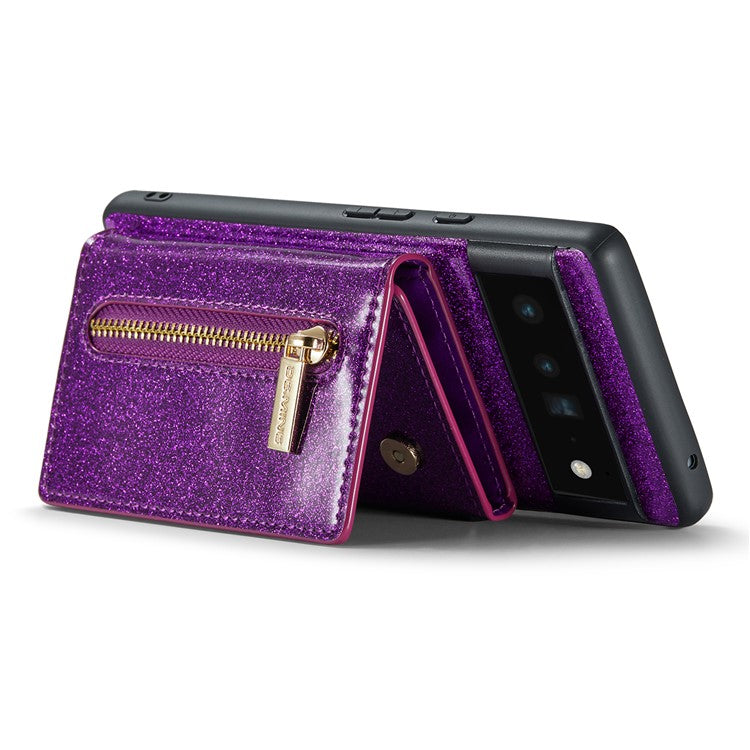 DG.MING M3 Series For Google Pixel 6 Pro 5G Glitter Bling PU Leather Detachable Cover PC+TPU Kickstand Zipper Pocket Wallet Phone Case - Dark Purple