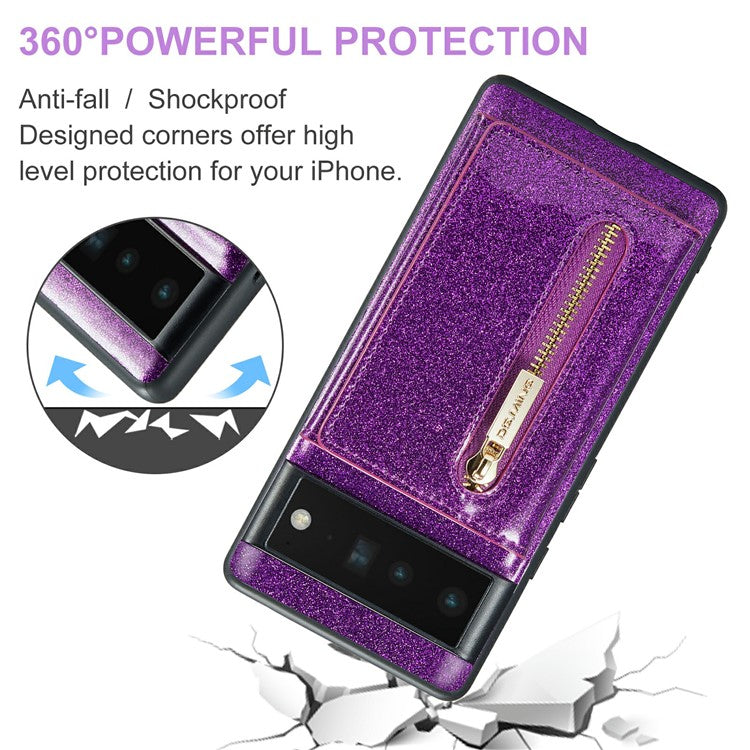 DG.MING M3 Series For Google Pixel 6 Pro 5G Glitter Bling PU Leather Detachable Cover PC+TPU Kickstand Zipper Pocket Wallet Phone Case - Dark Purple