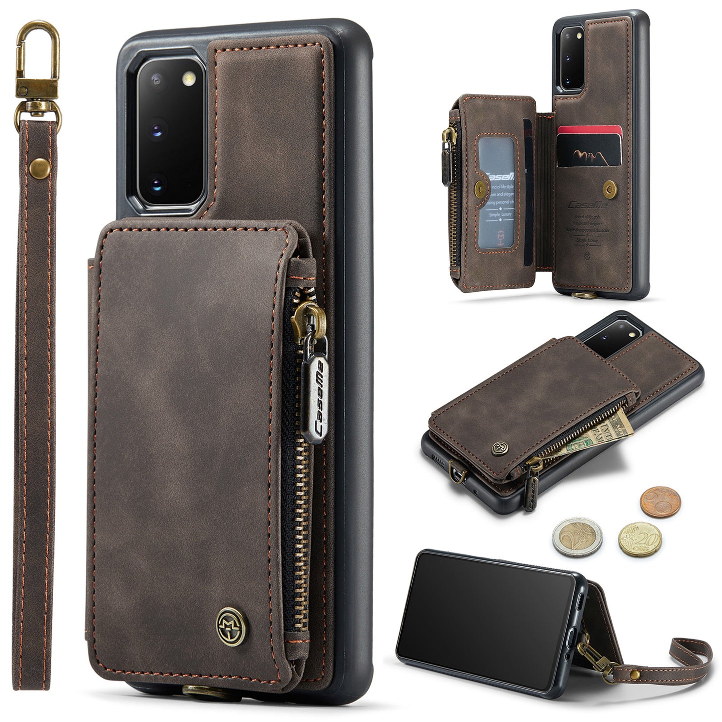 CASEME C20 Series for Samsung Galaxy S20 5G / 4G Wallet Zipper Pocket Phone Case RFID Blocking PU Leather Coated TPU Kickstand Cover - Coffee