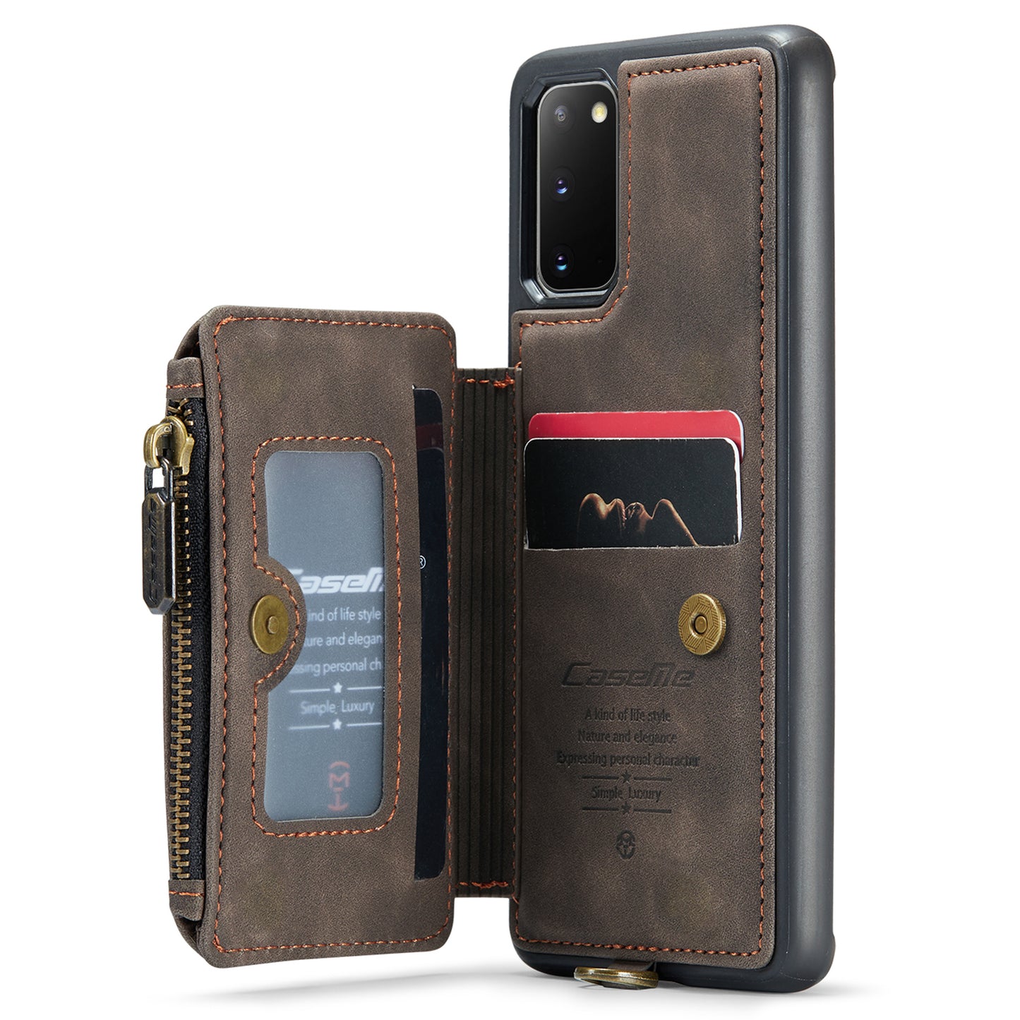 CASEME C20 Series for Samsung Galaxy S20 5G / 4G Wallet Zipper Pocket Phone Case RFID Blocking PU Leather Coated TPU Kickstand Cover - Coffee