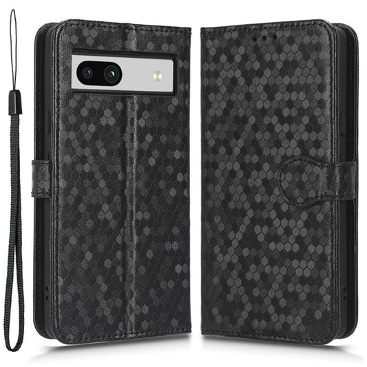For Google Pixel 7a Dot Pattern Imprinted PU Leather Phone Case Wallet Foldable Stand Inner TPU Cover with Strap - Black