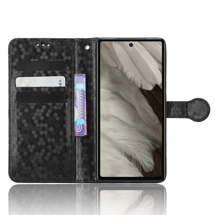 For Google Pixel 7a Dot Pattern Imprinted PU Leather Phone Case Wallet Foldable Stand Inner TPU Cover with Strap - Black