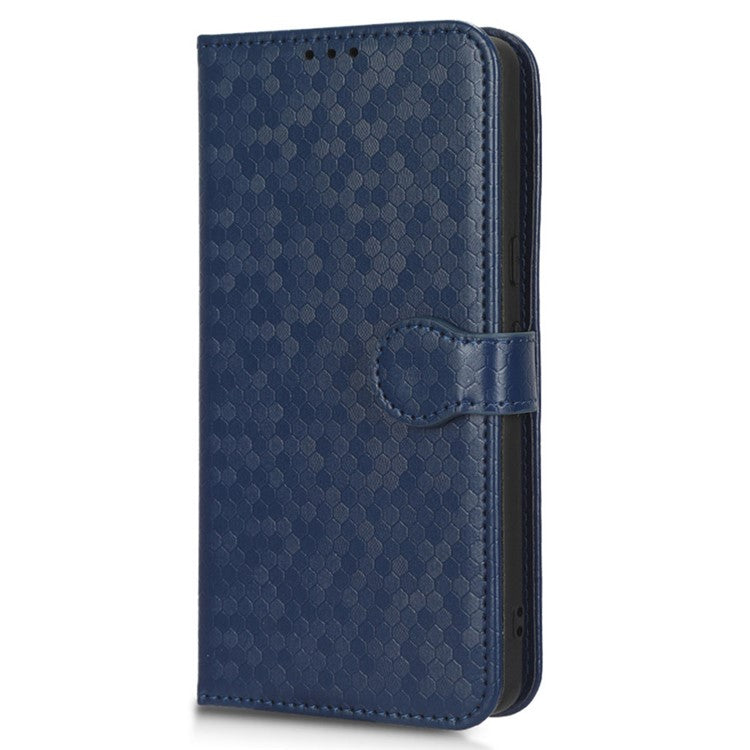 For Google Pixel 7a Dot Pattern Imprinted PU Leather Phone Case Wallet Foldable Stand Inner TPU Cover with Strap - Dark Blue