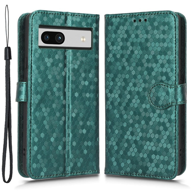 For Google Pixel 7a Dot Pattern Imprinted PU Leather Phone Case Wallet Foldable Stand Inner TPU Cover with Strap - Green