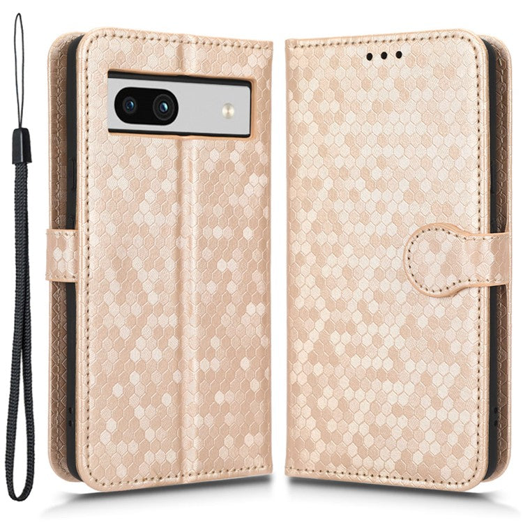 For Google Pixel 7a Dot Pattern Imprinted PU Leather Phone Case Wallet Foldable Stand Inner TPU Cover with Strap - Rose Gold