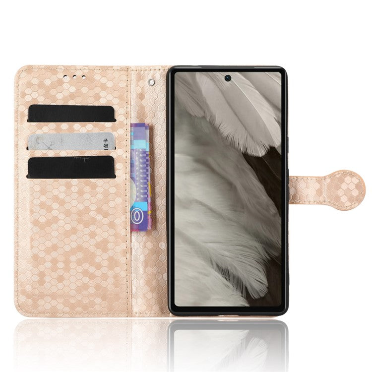For Google Pixel 7a Dot Pattern Imprinted PU Leather Phone Case Wallet Foldable Stand Inner TPU Cover with Strap - Rose Gold