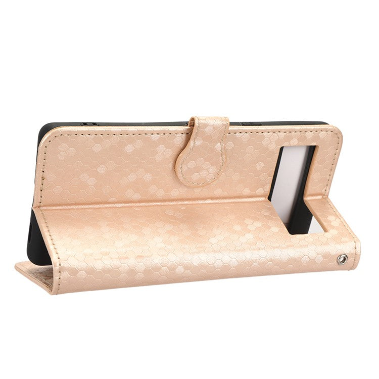 For Google Pixel 7a Dot Pattern Imprinted PU Leather Phone Case Wallet Foldable Stand Inner TPU Cover with Strap - Rose Gold