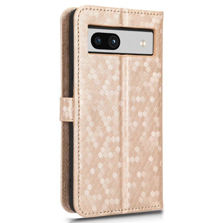 For Google Pixel 7a Dot Pattern Imprinted PU Leather Phone Case Wallet Foldable Stand Inner TPU Cover with Strap - Rose Gold