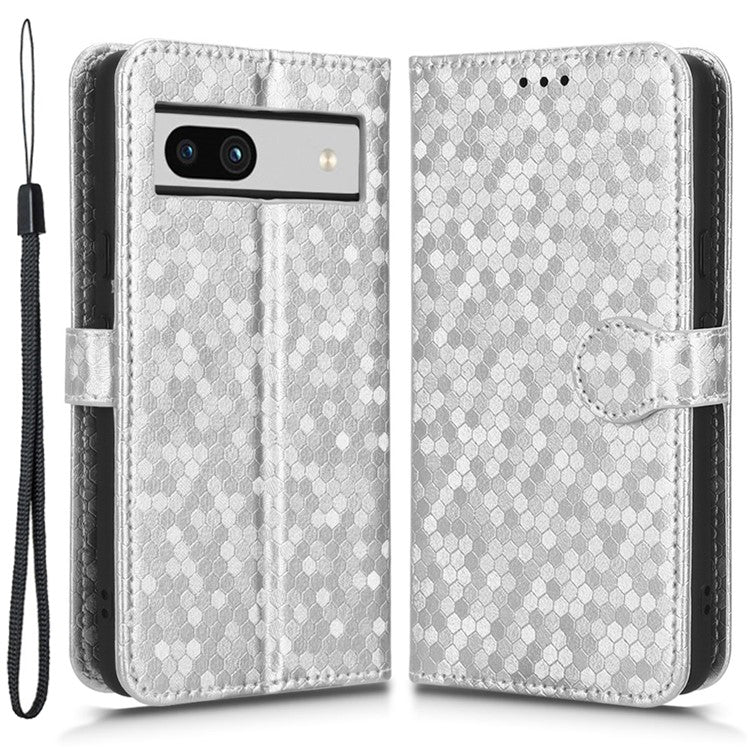 For Google Pixel 7a Dot Pattern Imprinted PU Leather Phone Case Wallet Foldable Stand Inner TPU Cover with Strap - Silver