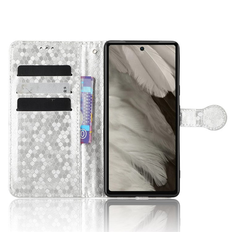 For Google Pixel 7a Dot Pattern Imprinted PU Leather Phone Case Wallet Foldable Stand Inner TPU Cover with Strap - Silver