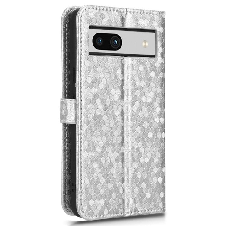 For Google Pixel 7a Dot Pattern Imprinted PU Leather Phone Case Wallet Foldable Stand Inner TPU Cover with Strap - Silver