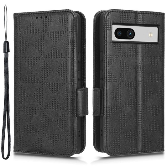 For Google Pixel 7a Imprinted Triangle Pattern Phone Cover Stand Wallet PU Leather Magnetic Clasp Case - Black