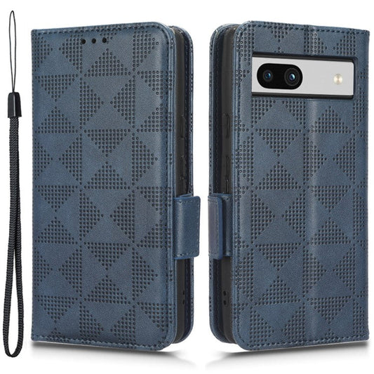 For Google Pixel 7a Imprinted Triangle Pattern Phone Cover Stand Wallet PU Leather Magnetic Clasp Case - Blue