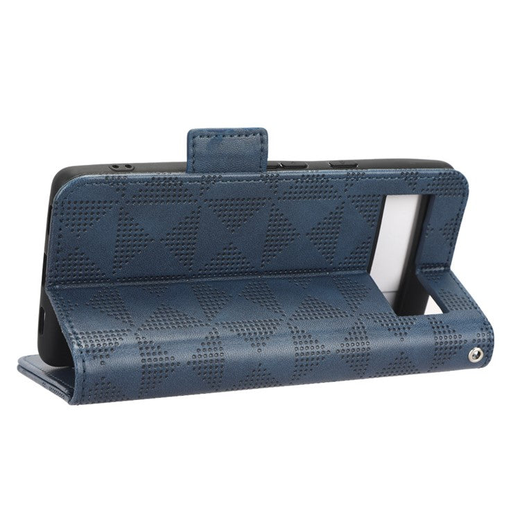 For Google Pixel 7a Imprinted Triangle Pattern Phone Cover Stand Wallet PU Leather Magnetic Clasp Case - Blue