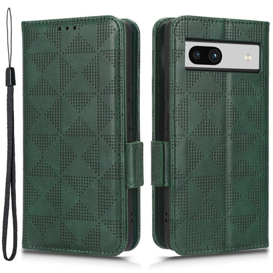 For Google Pixel 7a Imprinted Triangle Pattern Phone Cover Stand Wallet PU Leather Magnetic Clasp Case - Green