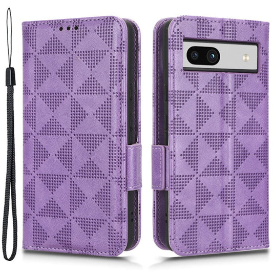 For Google Pixel 7a Imprinted Triangle Pattern Phone Cover Stand Wallet PU Leather Magnetic Clasp Case - Purple