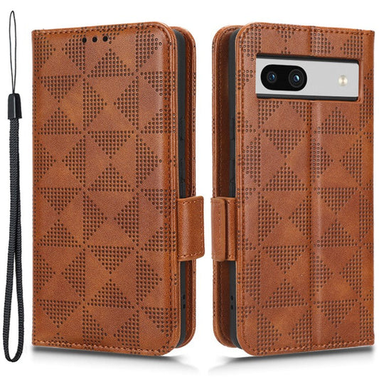 For Google Pixel 7a Imprinted Triangle Pattern Phone Cover Stand Wallet PU Leather Magnetic Clasp Case - Brown