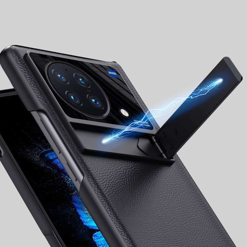 For vivo X Fold PU Leather Coated PC Full Protection Phone Case Kickstand Cover with Ultra Clear Tempered Glass Film - Blue