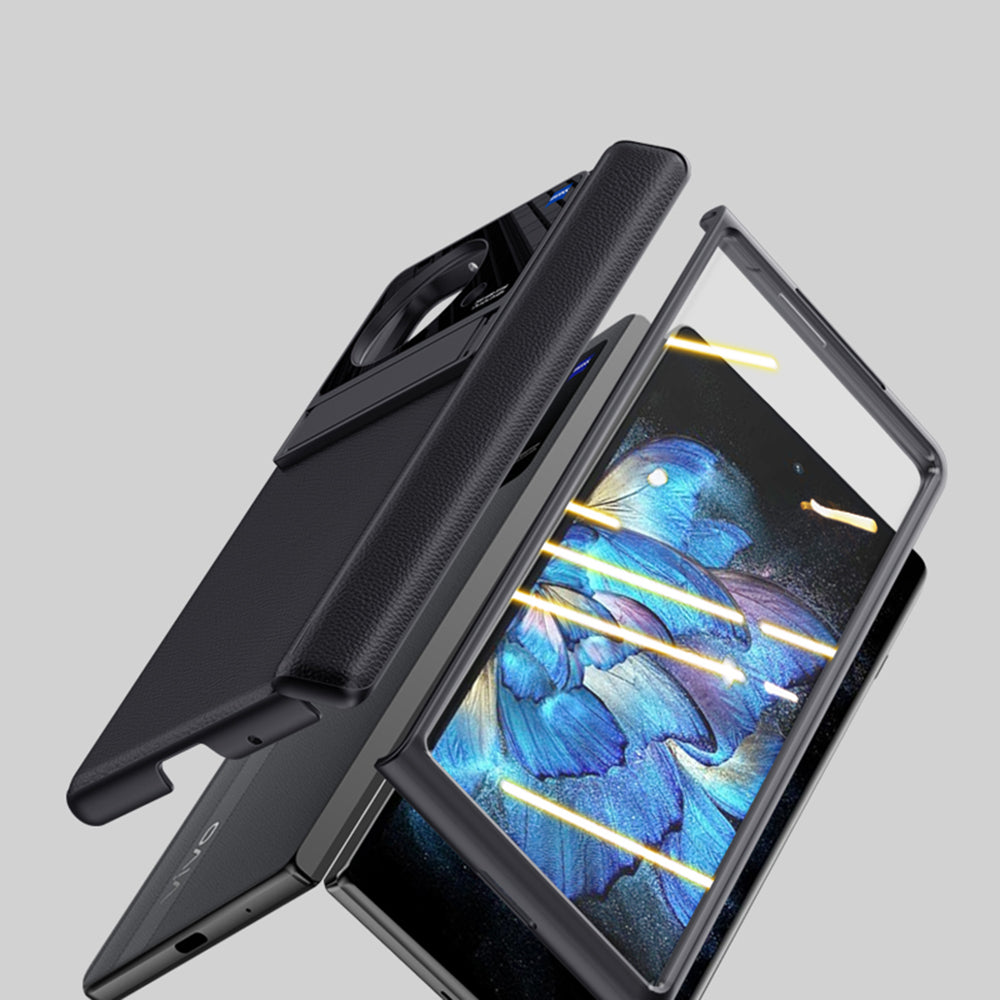For vivo X Fold PU Leather Coated PC Full Protection Phone Case Kickstand Cover with Ultra Clear Tempered Glass Film - Blue