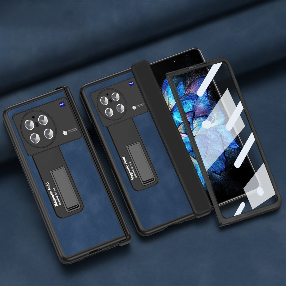 Nappa Texture Phone Case For vivo X Fold, Hinge Protection Kickstand Anti-scratch PU Leather + PC Phone Cover with Tempered Glass Film - Sapphire