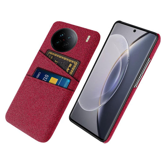 For vivo X90 5G Anti-scratch Cloth Texture Phone Case Protective PC Cover with Dual Card Slots - Red