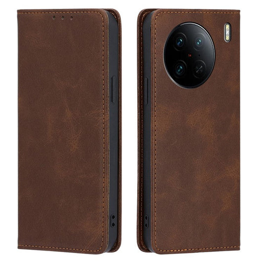 For vivo X90 Pro 5G Calf Texture PU Leather Magnetic Auto-absorbed Phone Case Full Protection Inner TPU Cover with Wallet Stand - Brown