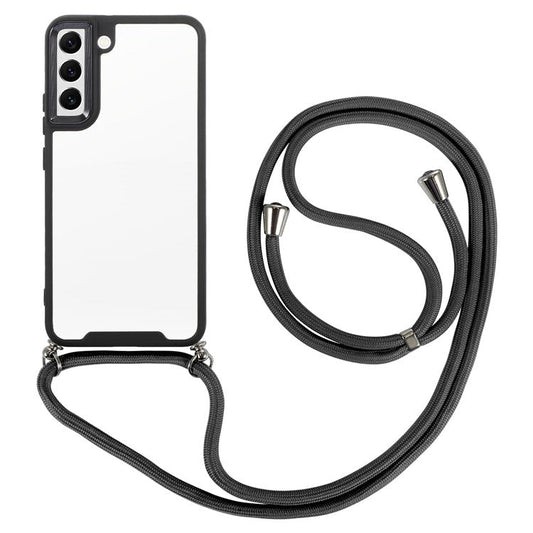 For Samsung Galaxy S22 5G Thickend Phone Case Electroplating Lens Frame TPU + Acrylic Mobile Phone Cover with Long Lanyard - Black