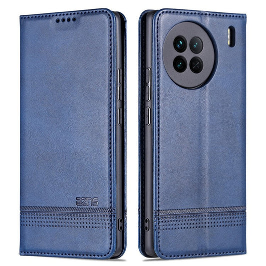 AZNS For vivo X90 5G Cowhide Texture PU Leather Wallet Full Protection Phone Case Stand Magnetic Auto Closure Flip Phone Cover - Blue
