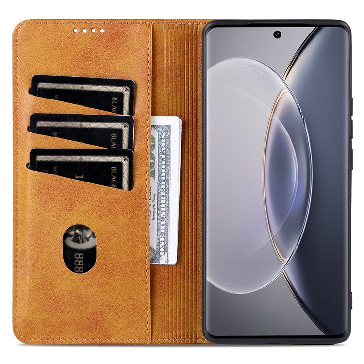 AZNS For vivo X90 5G Cowhide Texture PU Leather Wallet Full Protection Phone Case Stand Magnetic Auto Closure Flip Phone Cover - Brown