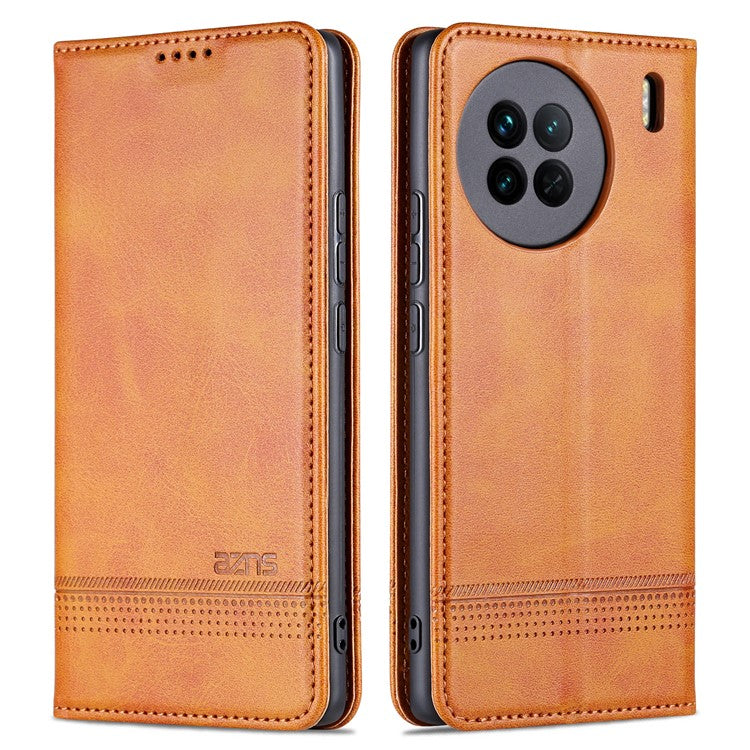 AZNS For vivo X90 Pro 5G Cowhide Texture Phone Case Stand Wallet PU Leather Magnetic Auto-absorbed Scratch-resistant Folio Flip Phone Cover - Brown
