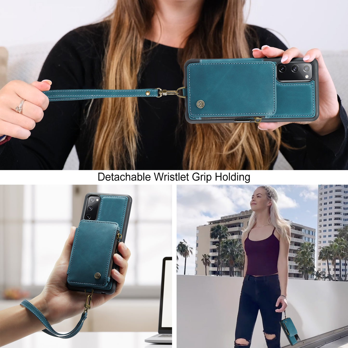 CASEME C20 Series for Samsung Galaxy S20 FE / S20 FE 5G / S20 FE 2022 / S20 Lite RFID Blocking Zipper Pocket Phone Case PU Leather Coated TPU Cover Wallet Kickstand - Blue