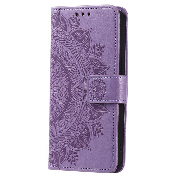 Mobile Phone Case for Oppo A58 5G, Imprinted Mandala Flower Pattern Wallet Stand Phone Cover with Strap - Purple