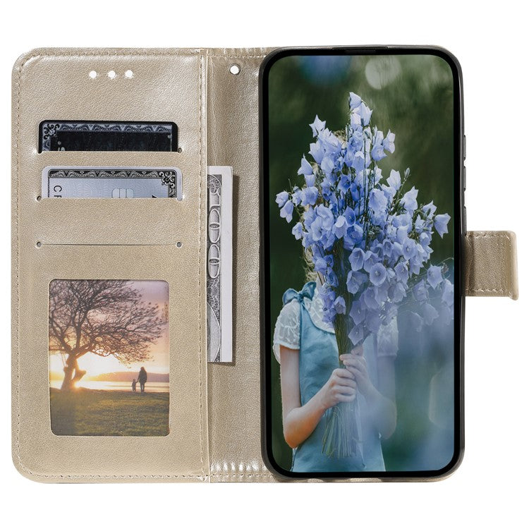Mobile Phone Case for Oppo A58 5G, Imprinted Mandala Flower Pattern Wallet Stand Phone Cover with Strap - Gold