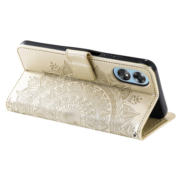 Mobile Phone Case for Oppo A58 5G, Imprinted Mandala Flower Pattern Wallet Stand Phone Cover with Strap - Gold