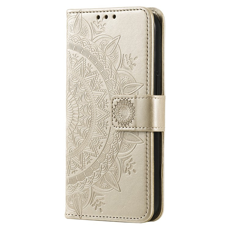 Mobile Phone Case for Oppo A58 5G, Imprinted Mandala Flower Pattern Wallet Stand Phone Cover with Strap - Gold