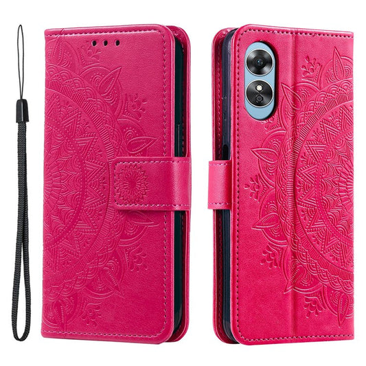 Mobile Phone Case for Oppo A58 5G, Imprinted Mandala Flower Pattern Wallet Stand Phone Cover with Strap - Rose