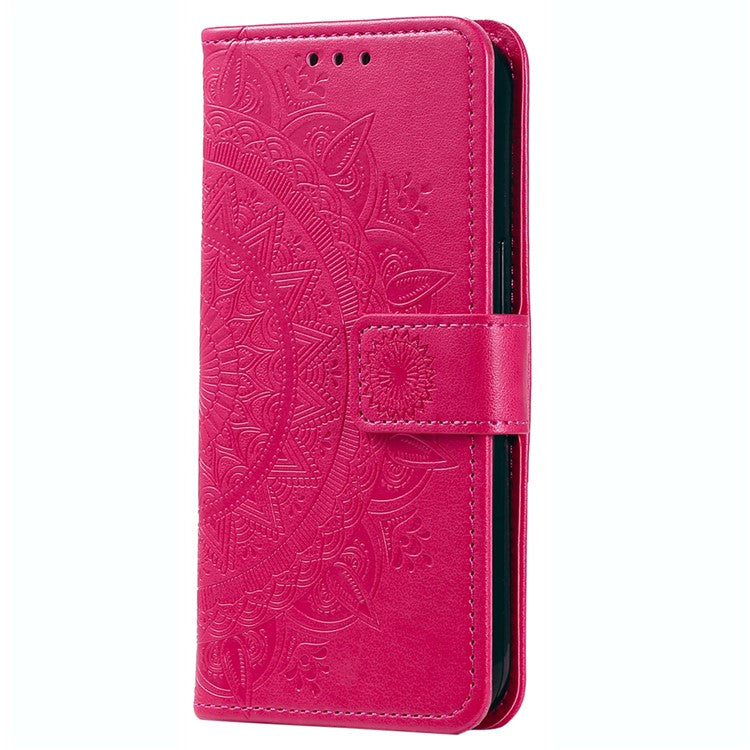 Mobile Phone Case for Oppo A58 5G, Imprinted Mandala Flower Pattern Wallet Stand Phone Cover with Strap - Rose